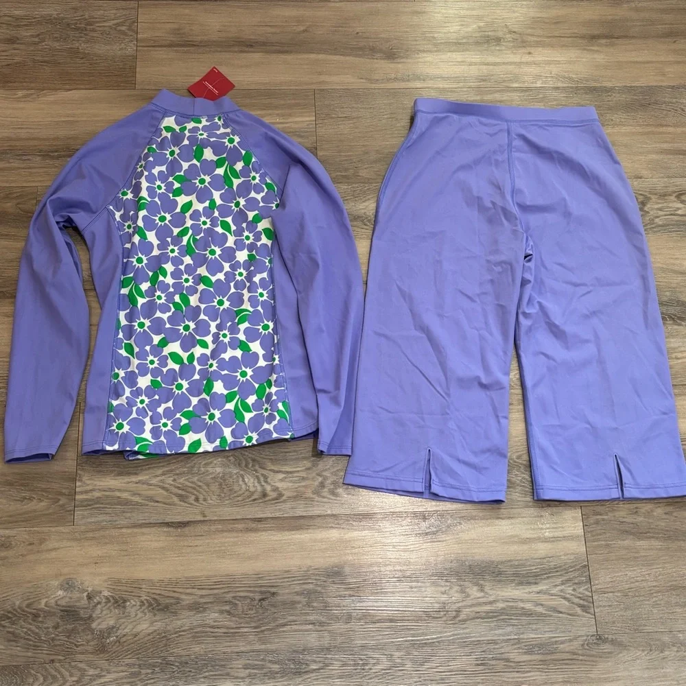 NWT Lands End 2 piece rash guard top and cropped pants set girls Sz 16